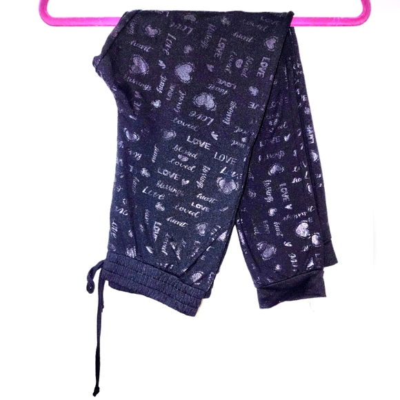 ShoSho size10 Black Joggers w/ Silver ❤️ & the word Love all over. Drawstring at - Picture 1 of 8